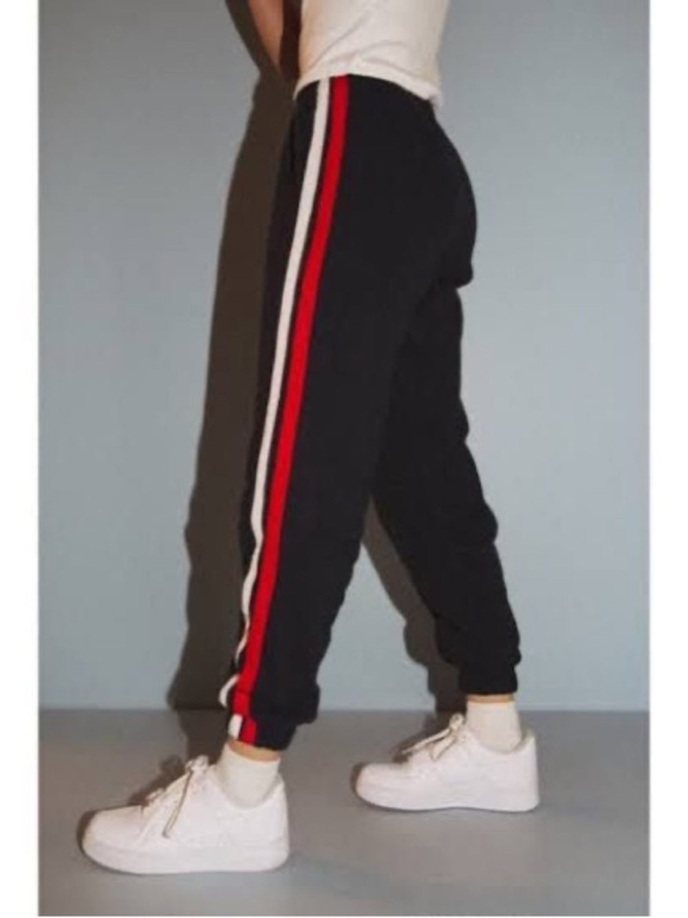 Brandy Melville Navy Track Joggers with Red & White Side Stripes